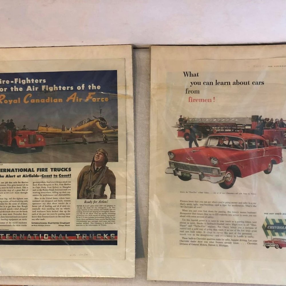 Lot of 2 1/26/1942 Life Firetruck/Car Ad & 3/24/1956 Firetruck/Airplane Saturday